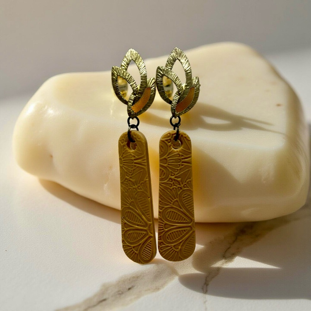 Elegant Gold Drop Earrings handmade lightweight embossed mustard color clay